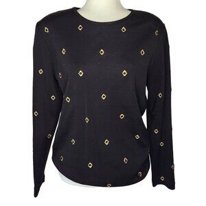 Vtg 90s Outlander Collection Black Gold Beaded Tunic Sweater Wool Blend Medium